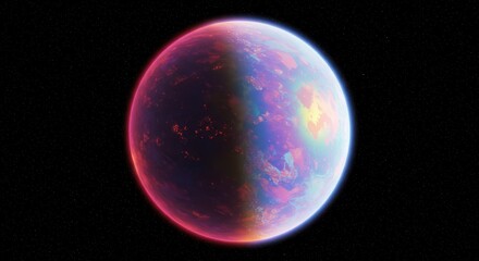 Exotic celestial body displays vibrant atmospheric colors illuminated by distant stellar light