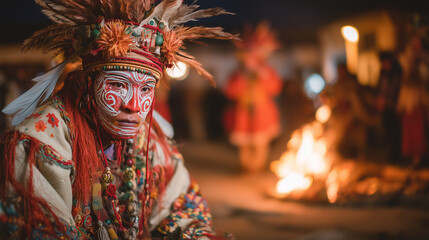 Vodoun priest in elaborate costume performing sacred rites at Fete du Vodoun celebration