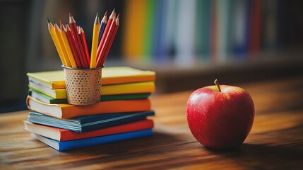A stack of colorful books with pencils and a red apple on a wooden table
