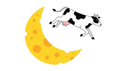Playful cow jumping over a crescent moon with cheese texture