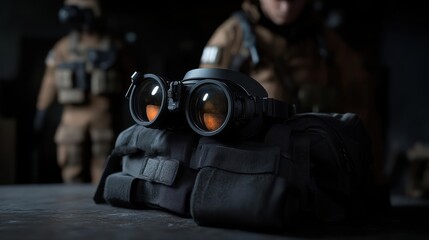 Close-up of night vision goggles resting on tactical gear with soldiers in background.