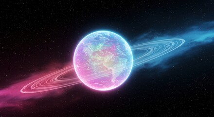 Glowing celestial body with rings orbits through deep space surrounded by colorful nebulae