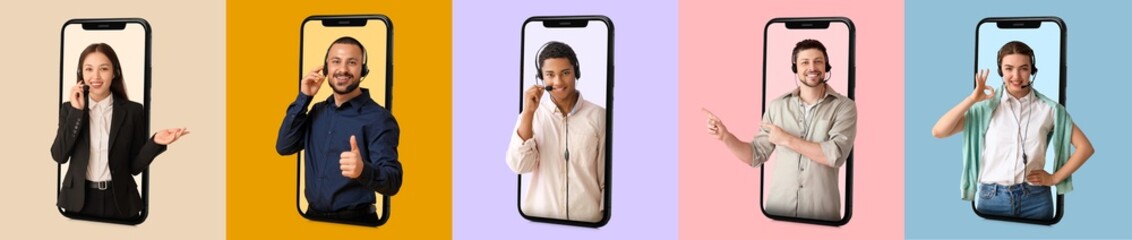 Set of technical support agents popping out of smartphone screens on color background