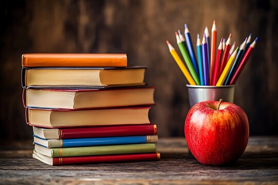 A stack of colorful books with pencils and a red apple on a wooden table - Powered by Adobe