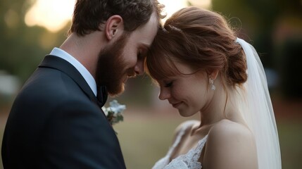 Newlyweds share a tender moment with foreheads touching.