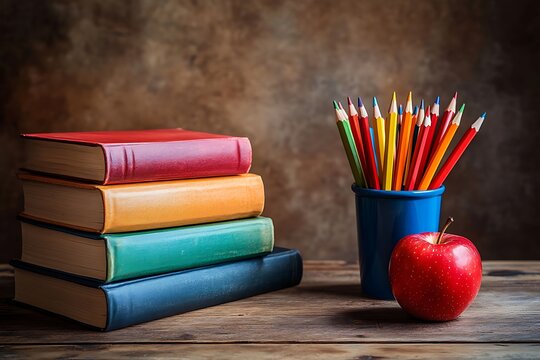 A stack of colorful books with pencils and an apple on a wooden table