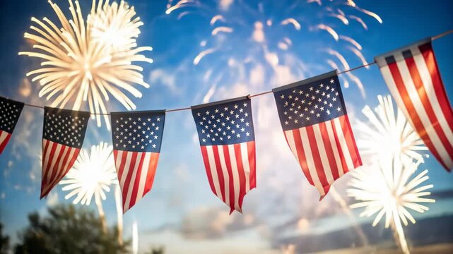 Festive celebration with banner flags and fireworks against a night sky.