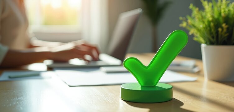 Green check mark on desk signifies completion of a task or a positive result. Woman works on laptop in blurred background, indicating remote work or office setting, focused on success. - Powered by Adobe