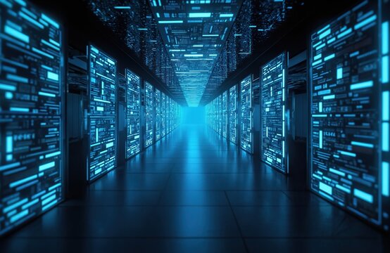 Futuristic server room glowing with blue lights. Rows of computer racks filled with data screens create a digital tunnel. Advanced network infrastructure for big data processing and cyber security. - Powered by Adobe
