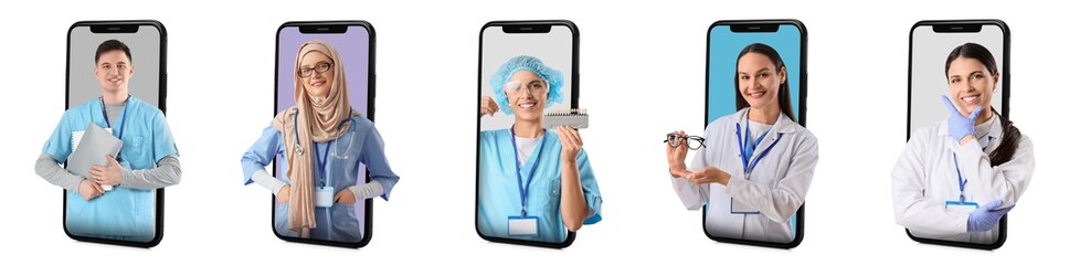 Set of doctors popping out of smartphone screens on white background