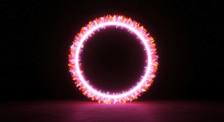 Brilliant neon ring emits vibrant energy bursts against a dark background