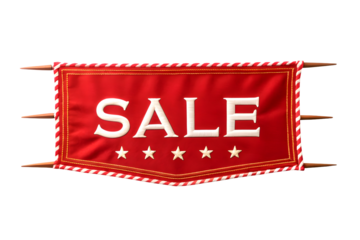 A red sale tag label  with white text isolated on a white or transparent background.
