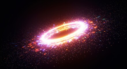 Brilliant circular energy flow emits intense sparks against a deep dark background