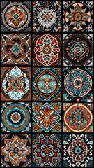 Obraz premium Collection of colorful geometric mosaic tiles with symmetrical patterns, modern ethnic style, decorative square designs for interior, background and creative projects