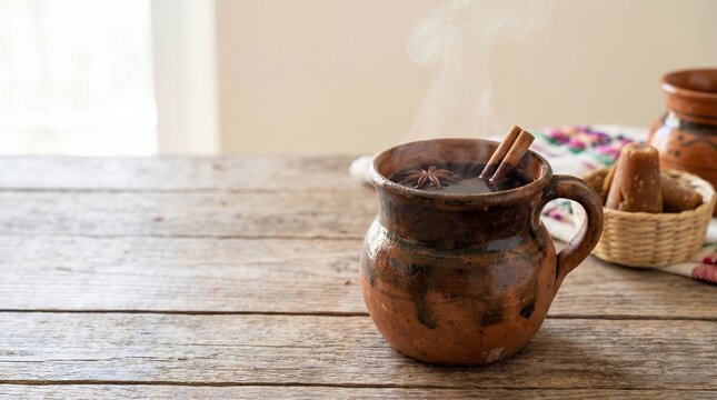 Steaming Cafe de Olla with Cinnamon and Piloncillo on Rustic Wood