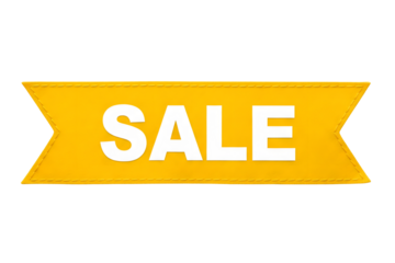 A yellow sale tag label with white text isolated on a white or transparent background.