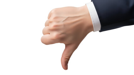 Business professional showing a clear sign of disapproval with a hand gesture indicating failure rejection or disagreement on transparent background