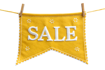 A yellow sale tag label  with white text isolated on a white or transparent background.