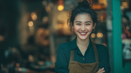 Smiling Young Female Barista in Apron at Coffee Shop: Vibrant Modern Caf&eacute; and Friendly Service