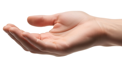 Close up photograph of a delicately open human hand positioned slightly cupped ready to receive or offer something small on transparent background