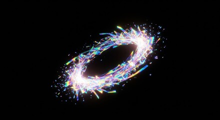 Glowing iridescent particles form a dynamic, shattering circular shape against a dark backdrop