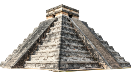 Ancient, towering stepped pyramid with a central staircase under a clear sky