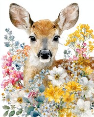 Watercolor baby deer fawn portrait with wildflowers bouquet, spring woodland animal illustration isolated on white