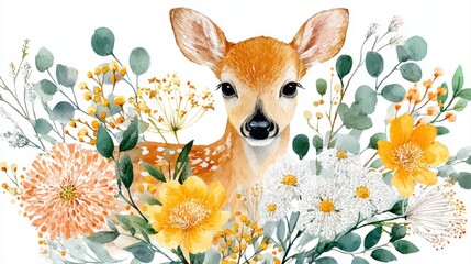 Watercolor baby deer fawn with wildflowers and eucalyptus botanical floral illustration on white background