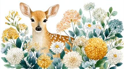 Watercolor baby deer fawn with wildflowers and leaves, cute woodland nursery animal floral illustration on white background