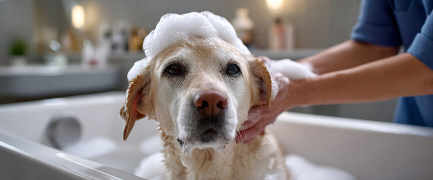 Golden retriever dog being bathed with soap suds on head in a white bathtub with person washing its fur indoors