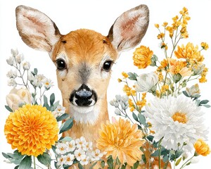 Watercolor baby deer fawn portrait with yellow and white wildflowers floral frame isolated on white
