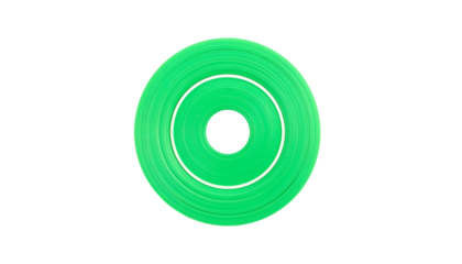 A vibrant green concentric circle shape, outlined in white, floats on a stark black background