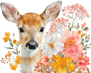 Watercolor Deer Fawn Portrait with Spring Wildflowers and Floral Bouquet Isolated on White
