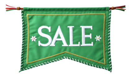 A green sale tag label  with white text isolated on a white or transparent background.