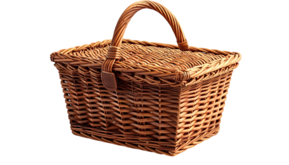A woven wicker picnic basket with a curved handle and a latch, isolated on black