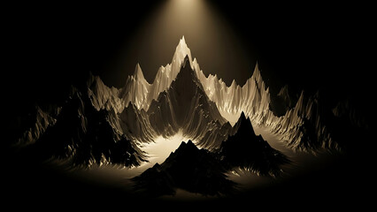 Dramatic digital rendering of jagged mountains illuminated by a single beam of light from above, creating a mysterious and epic landscape.
