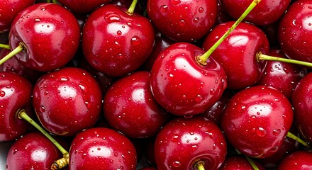 Close-up of fresh red cherries with water droplets cherry fruit
