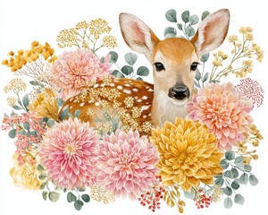 Watercolor Baby Deer Fawn with Floral Bouquet, Cute Woodland Animal Illustration on White Background