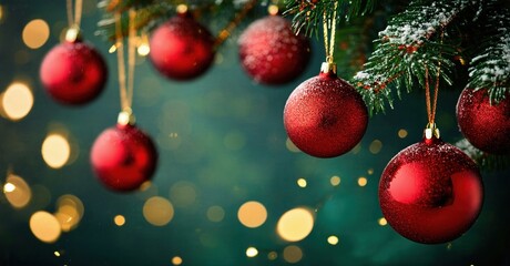 Obraz premium Festive scene shows red ornaments hanging from evergreen branches. Bokeh lights create warm holiday atmosphere. Winter celebration imagery.