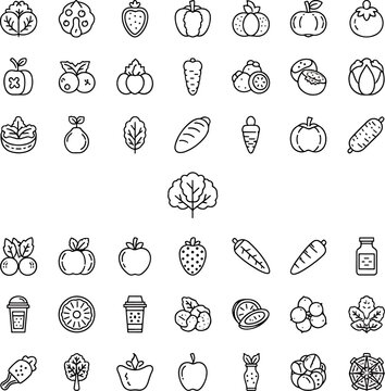 Healthy Fruits and Vegetables Icons Collection, Fresh Organic Food Assortment Graphic Symbols, Vector Set