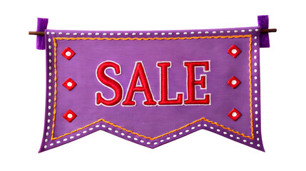 A purple sale tag label with red text isolated on a white or transparent background.