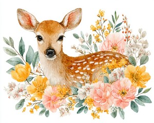 Watercolor baby deer fawn with wildflowers bouquet, cute woodland animal floral illustration on white background