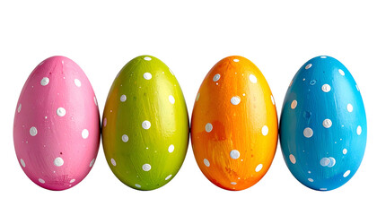 Four vibrantly colored Easter eggs, each with white polka dots, against a stark black background