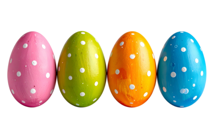 Four vibrantly colored Easter eggs, each with white polka dots, against a stark black background