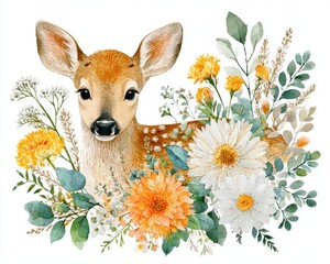 Watercolor baby deer fawn with wildflowers and greenery, cute woodland animal floral illustration isolated on white