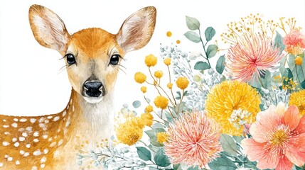 Watercolor fawn deer portrait with wildflowers and eucalyptus, pastel woodland nursery illustration on white background