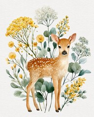 Watercolor baby deer fawn with wildflowers and eucalyptus foliage, cute woodland animal illustration on white background