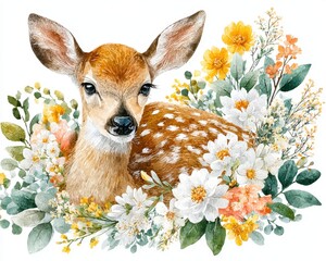 Watercolor fawn deer with wildflowers and eucalyptus, cute woodland baby animal floral illustration isolated on white