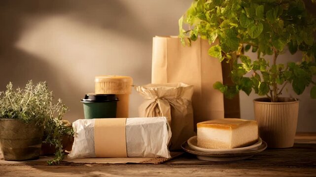 Plantbased packaging displayed on a wooden table showcasing sustainable containers and wraps derived from renewable botanical sources under soft lighting.