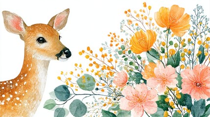 Watercolor baby deer fawn with wildflowers bouquet, cute woodland nursery illustration on white background